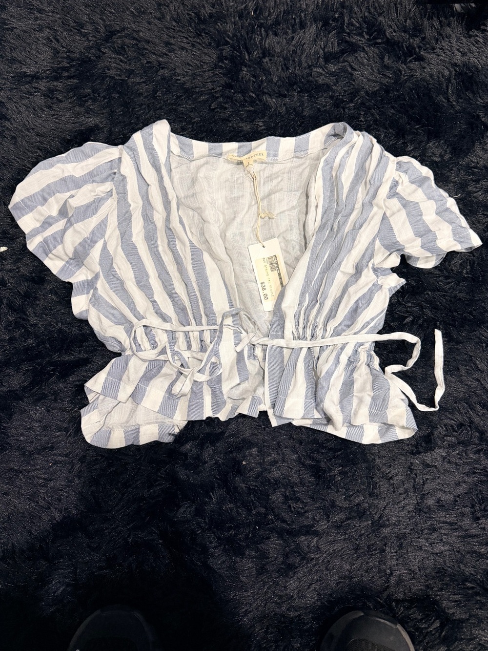 Navy Blue & White Striped Tie-Front Blouse